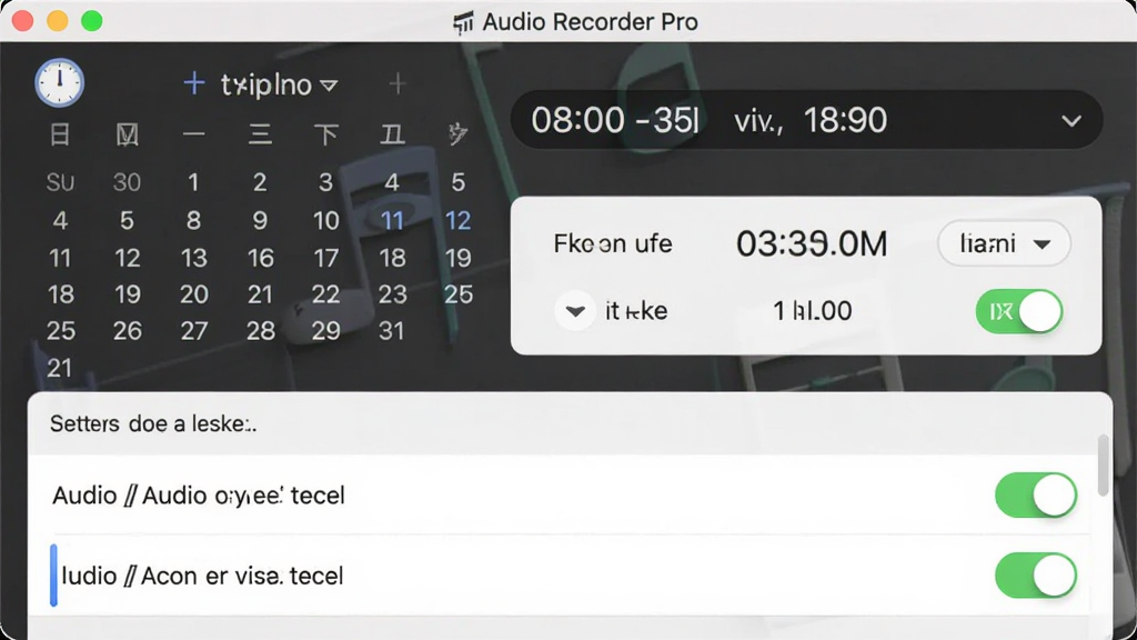 一张展示 Audio Recorder Pro 定时录制设置界面的图片,主体为日历和时间选择器,布局为上方时间设置下方任务列表,排版清晰,风格为商务简约,细节包含时钟图标和计划任务开关按钮,画质高清,画面干净,无多余元素