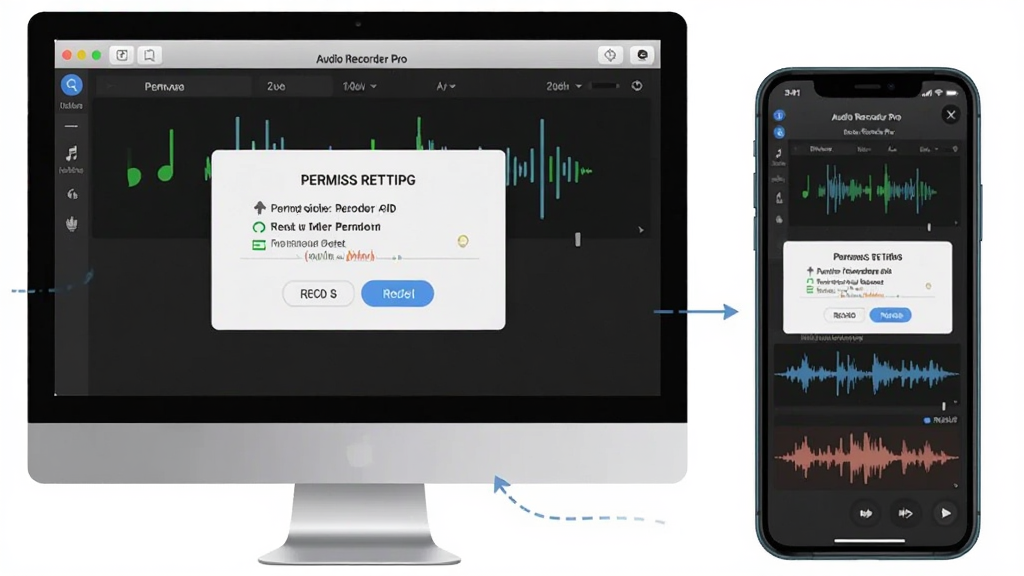 一张展示 Audio Recorder Pro 使用教程的示意图,主体为电脑和手机并排显示软件操作界面,布局为左侧电脑端右侧移动端,排版对比清晰,风格为教学插图风,细节包含权限设置弹窗和录音波形,画质高清,画面干净,无多余元素