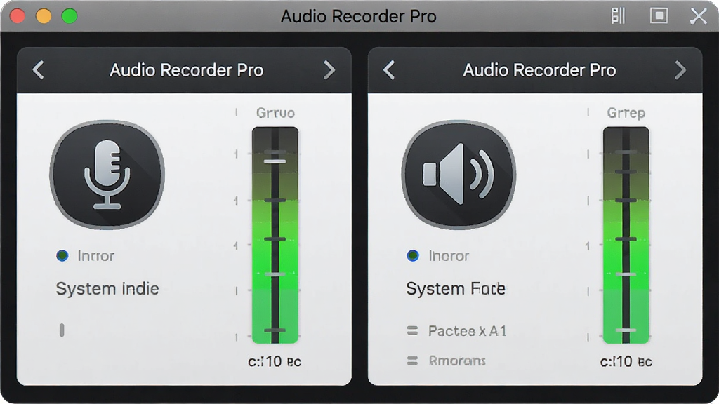 一张展示 Audio Recorder Pro 双源录制功能的图片,主体为软件界面中麦克风和系统声音两个输入通道,布局为左右并排的音频输入源选择,排版直观,风格为科技感,细节包含麦克风图标和扬声器图标及电平指示条,画质高清,画面干净,无多余元素