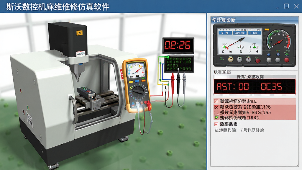 一张展示斯沃数控机床维修仿真软件中故障诊断界面的图片,主体为虚拟机床与检测工具,布局采用左右分栏,左侧为机床模型,右侧为检测仪表与故障提示,排版清晰,风格为技术教学风,细节包括万用表表笔、电路连接线、故障代码显示,画质高清,干净,无多余元素。