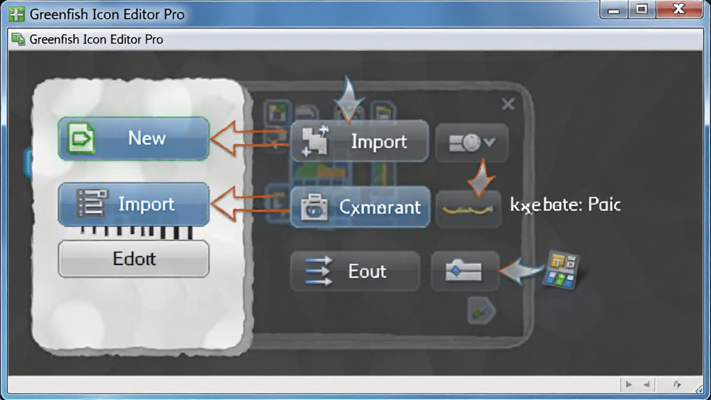 一张展示 Greenfish Icon Editor Pro 新手操作界面的图片,主体是软件窗口中标注了常用功能按钮的界面截图,布局为全屏软件界面,排版清晰,风格为教学演示风格,细节上用箭头和文字标注了新建、导入、导出等关键按钮位置,画质高清,画面干净,无多余元素。