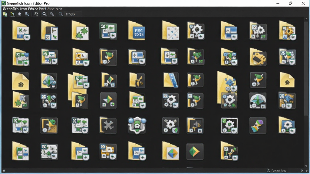 一张展示 Greenfish Icon Editor Pro 批量处理与资源提取功能的图片,主体是软件界面中显示从 EXE 文件中提取出的多个图标缩略图,布局为网格状排列,排版整齐,风格为工具类软件界面风格,细节上每个图标清晰可见,背景为深色工作区,画质高清,画面干净,无多余元素。