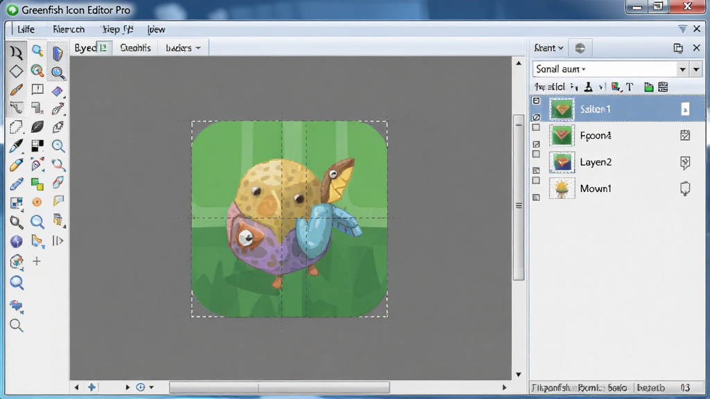 一张展示 Greenfish Icon Editor Pro 图层与绘图工具的图片,主体是软件界面中左侧工具栏和右侧图层面板同时可见,布局为左右分栏展示,排版清晰,风格为专业软件操作界面风格,细节上画布中显示一个正在绘制的图标,图层列表中显示多个图层,画质高清,画面干净,无多余元素。