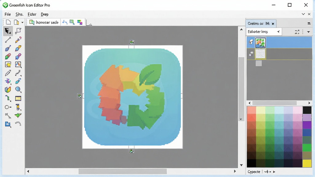一张展示 Greenfish Icon Editor Pro 软件主界面的图片,主体是软件窗口居中显示,布局包含左侧工具栏、中间画布区域和右侧图层与调色板面板,排版清晰整齐,风格为现代简约的软件截图风格,细节上画布中显示一个正在编辑的彩色图标,画质高清,画面干净,无多余元素。