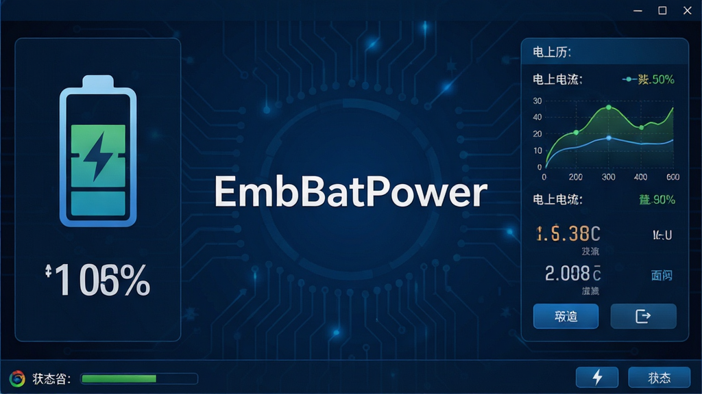 软件主界面展示,中心位置放置软件名称“EmbBatPower”,背景为深蓝色科技风格,左侧为电池图标与电量百分比,右侧为电压电流数据面板,底部为状态栏,整体布局清晰,风格简洁专业,细节包含数据曲线、参数标签、按钮控件,画质高清,干净,无多余元素