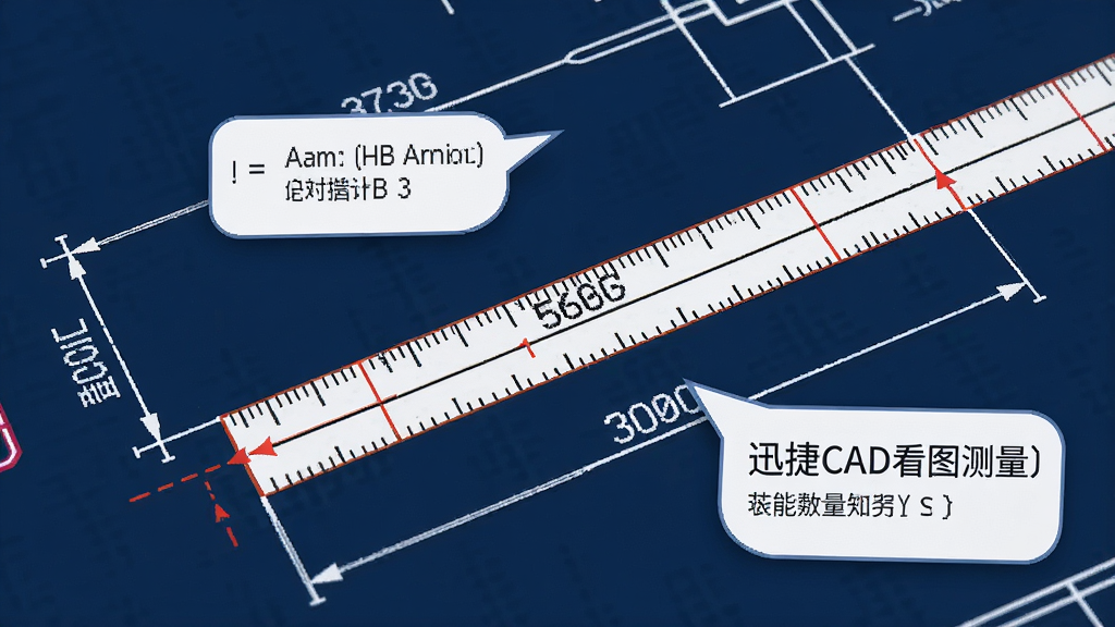一张展示迅捷CAD看图测量功能的AI生图,主体是CAD图纸上的测量线条与数值,布局为局部放大特写,排版直观,风格为工程技术风,细节包括尺寸标注线和批注气泡,画质清晰,干净,无多余元素