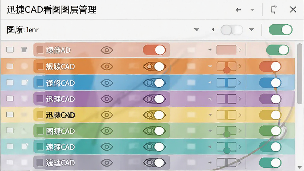 一张展示迅捷CAD看图图层管理面板的AI生图,主体是图层列表与开关按钮,布局为侧边栏形式,排版整齐,风格为极简工具风,细节包括不同颜色的图层名称和眼睛图标,画质清晰,干净,无多余元素
