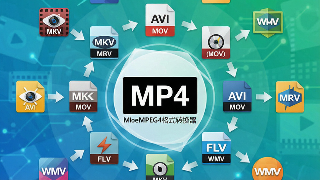 软件名称“闪电MPEG4格式转换器”功能展示图,主体为多个视频格式图标环绕中央的MP4标志,布局为圆形放射状,排版居中对称,风格为扁平化科技感,细节包含MKV、AVI、MOV、FLV、WMV等格式标签与转换箭头,画面干净整洁,画质高清,无多余装饰元素
