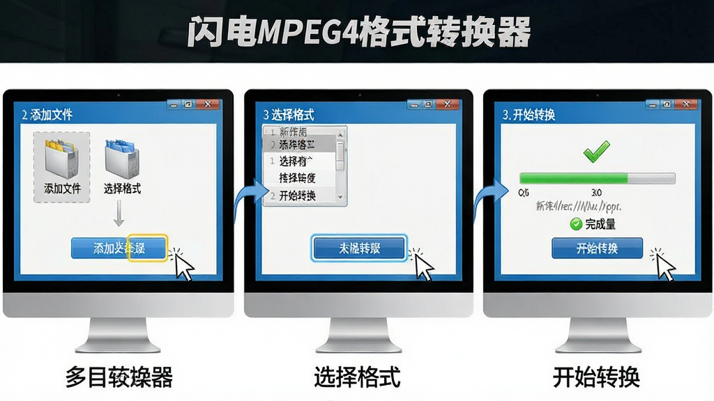 软件名称“闪电MPEG4格式转换器”操作步骤示意图,主体为电脑屏幕分步展示添加文件、选择格式、开始转换三个画面,布局为横向三格排列,排版清晰,风格为教程图解风,细节包含鼠标指针、按钮高亮、进度条与完成提示,画面干净无多余元素,画质高清