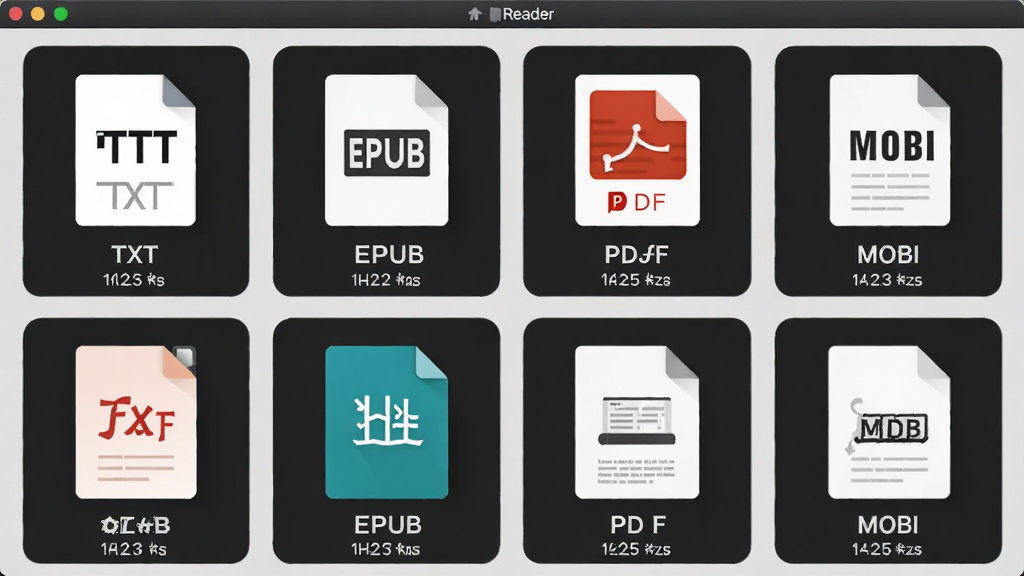 TReader阅读器多格式兼容功能展示图,主体为软件界面中同时排列着TXT、EPUB、PDF、MOBI等多种格式的电子书图标,布局采用网格状整齐排列,排版突出格式多样性,风格为扁平化科技感,细节包含每个图标下方标注格式名称与文件大小,画质清晰,画面干净,无多余元素