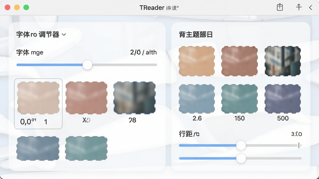 TReader阅读器个性化设置面板展示图,主体为软件设置界面中的字体调节滑块与背景主题选择区域,布局采用上下分区结构,排版清晰直观,风格为柔和浅色系,细节包含多种背景色块预览、字号数值显示、行距调节杆,画质高清,画面干净,无多余元素