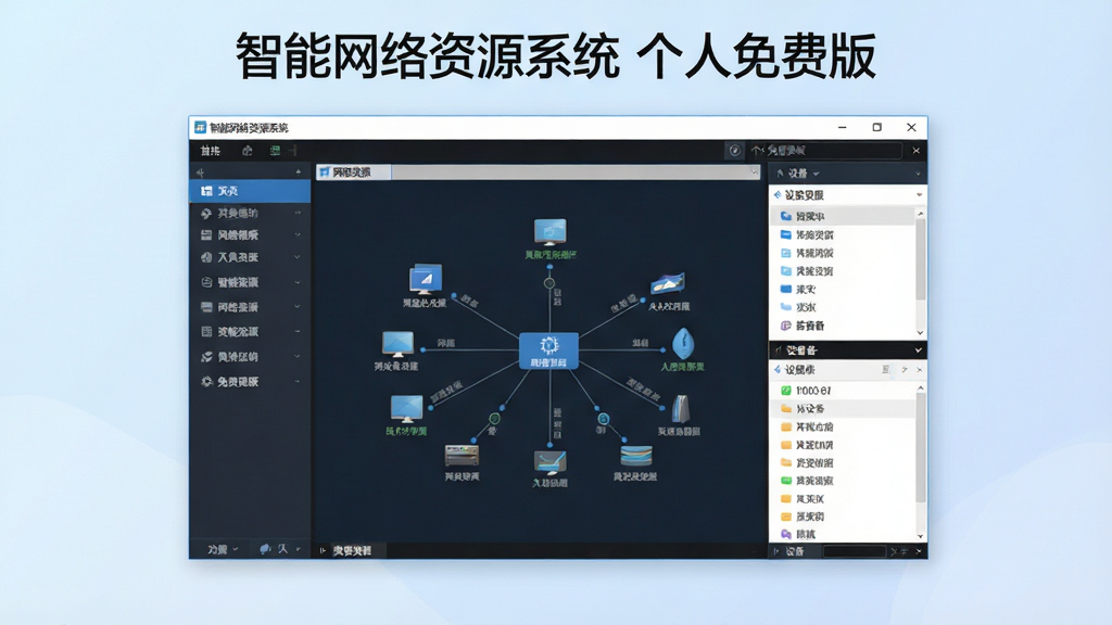 智能网络资源系统 个人免费版 软件主界面全景展示,画面中央为软件运行窗口,左侧为功能导航栏,右侧为网络资源拓扑图与设备列表,窗口上方有软件名称“智能网络资源系统 个人免费版”字样,背景为简洁的淡蓝色渐变,整体风格清爽专业,画质清晰干净无多余元素