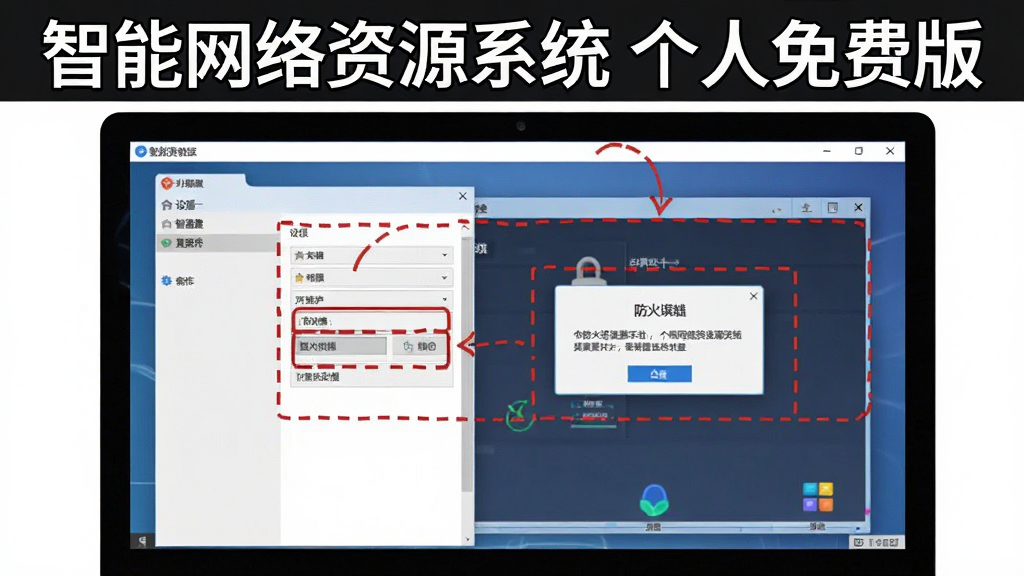 智能网络资源系统 个人免费版 操作教程示意图,画面为电脑屏幕截图风格,展示软件设置界面与防火墙允许弹窗,界面中有红色标注框提示关键操作步骤,屏幕上方有“智能网络资源系统 个人免费版”文字,整体风格为教学图示风,画质清晰干净