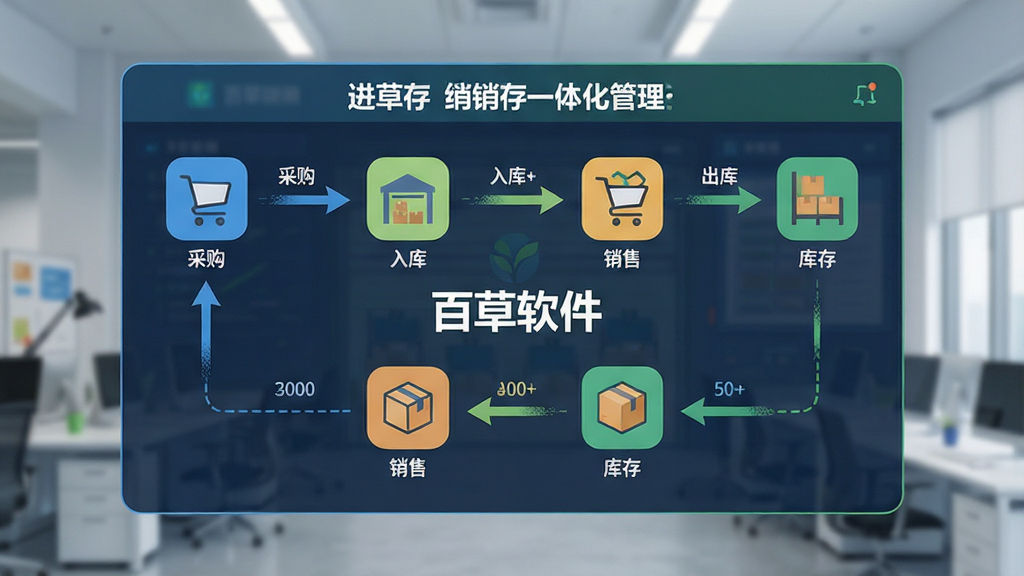 百草软件进销存一体化管理界面展示,画面主体为一块悬浮的数字化看板,看板上用图标与箭头展示“采购”“入库”“销售”“出库”“库存”等环节的流转关系,画面中央有“百草软件”文字标识,布局为上下结构、上方标题下方流程图,风格为扁平化科技感,细节包括连接线、数据标签、库存图标,画质高清、干净、无多余元素