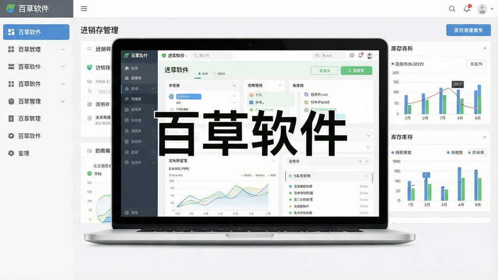 百草软件主界面全貌展示,画面中央是一台打开的笔记本电脑,屏幕上显示“百草软件”四个大字与进销存管理界面,左侧为功能导航栏,右侧为数据看板与库存图表,布局清晰、排版整齐,风格为现代简约商务风,细节包括图表、按钮、列表等界面元素,画质高清、干净、无多余元素