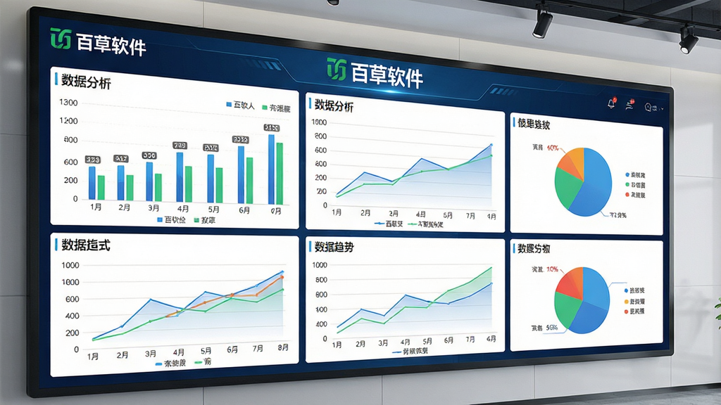 百草软件智能报表分析界面展示,画面为一块大尺寸数据大屏,屏幕上显示柱状图、折线图、饼图等多种图表,图表上方有“百草软件”标识,布局为上下结构、上方标题下方图表组合,风格为现代数据可视化风格,细节包括数据标签、图例、趋势线,画质高清、干净、无多余元素