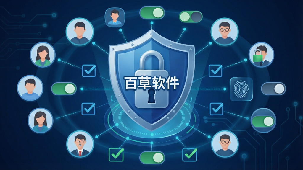 百草软件权限管理与数据安全概念图,画面中央是一把盾牌与锁的组合图标,盾牌上写有“百草软件”字样,周围环绕用户头像与权限开关按钮,布局为居中放射状结构,风格为安全科技风,细节包括锁孔、指纹、权限勾选框,画质高清、干净、无多余元素