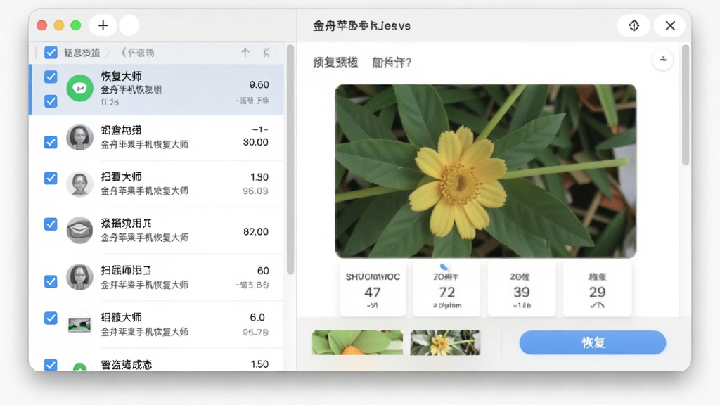 金舟苹果手机恢复大师预览与选择性恢复界面图,主体为软件窗口中展示扫描出的短信列表与照片缩略图,左侧为复选框勾选区域,右侧为内容预览面板,布局为左右结构,排版规整,风格为柔和圆角设计,细节包括勾选框、预览大图、恢复按钮,画质清晰,干净,无多余元素