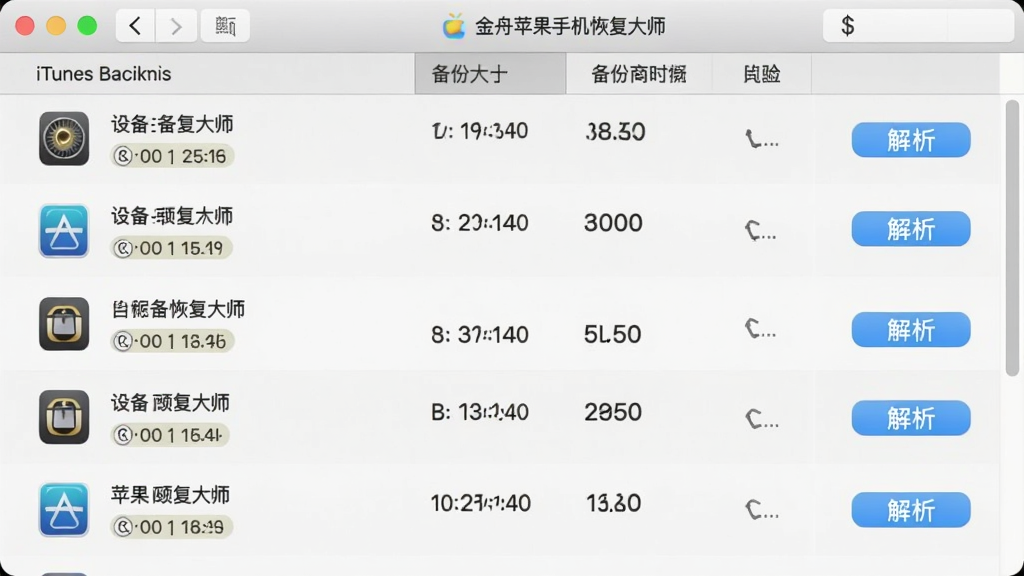 金舟苹果手机恢复大师备份文件解析与管理界面图,主体为软件界面中iTunes备份列表,显示设备名称、备份时间、备份大小等信息,布局为纵向列表,排版整齐,风格为浅灰质感,细节包括设备图标、时间标签、解析按钮,画质高清,干净,无多余元素