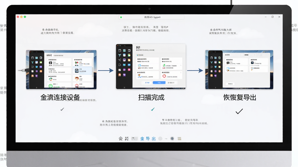 金舟苹果手机恢复大师使用指南操作流程图,主体为电脑屏幕上显示的软件操作步骤截图,从连接设备到扫描完成再到恢复导出,布局为纵向流程排列,排版清晰,风格为简洁商务,细节包括每一步的界面截图与文字标注,画质高清,干净,无多余元素