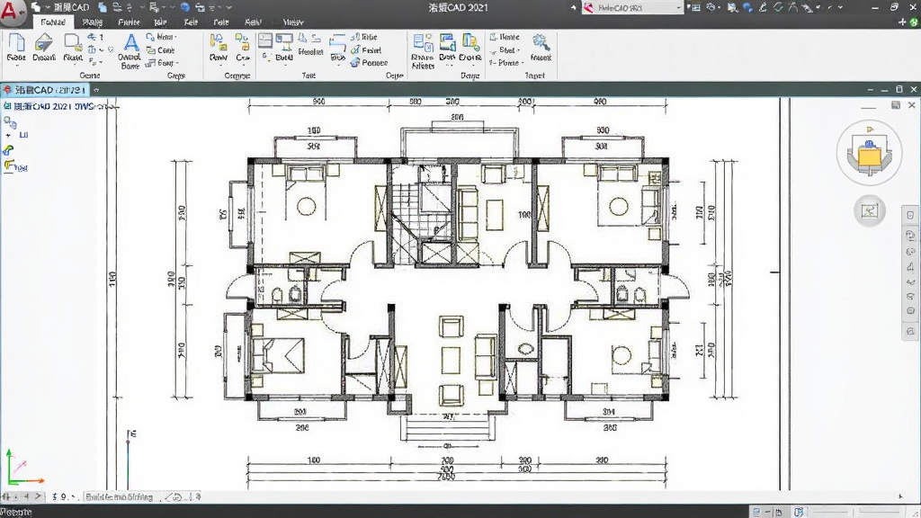 一张展示浩辰CAD 2021打开DWG图纸的图片,画面中软件界面内显示一张复杂的建筑平面图,图纸线条清晰,标注完整,软件标题栏显示浩辰CAD 2021字样,整体风格专业严谨,画质清晰,无多余元素