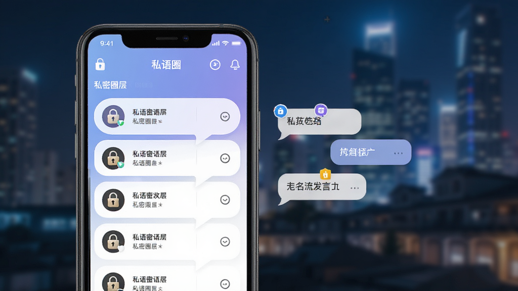 一张展示私语圈应用核心界面的手机屏幕效果图,画面中央是一部现代智能手机,屏幕上显示私语圈APP的主页面,包含私密圈层列表和匿名发言气泡,整体色调采用柔和的蓝紫色渐变,背景是模糊的城市夜景,风格清新简洁,细节上体现锁形图标和加密标识,画质高清,干净无多余元素