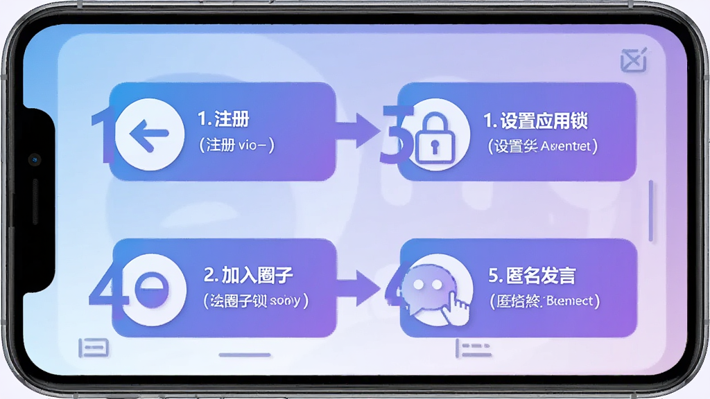 一张私语圈新手操作指引的流程图,画面以手机屏幕为载体,分步骤展示注册、设置应用锁、加入圈子、匿名发言四个环节,每一步用数字标注并配有简洁图标,整体风格扁平化信息图,色调为蓝紫渐变,细节上体现步骤箭头与手机界面,画质清晰,干净无多余元素
