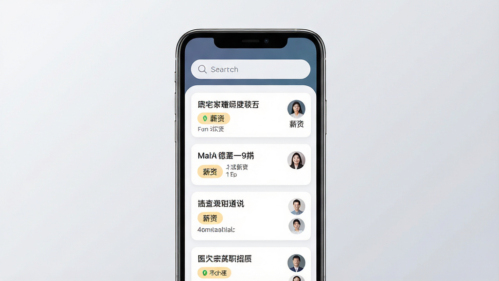 一张展示手机应用界面的写实风格图片,画面中央是一部竖屏智能手机,屏幕内显示宅家兼职招聘平台的岗位列表页面,布局为顶部搜索栏加下方卡片式职位条目,整体排版干净整洁,风格为现代简约科技感,细节包含职位名称、薪资标签与公司头像,画质为高清1080P,画面干净无多余元素,背景为浅灰色渐变