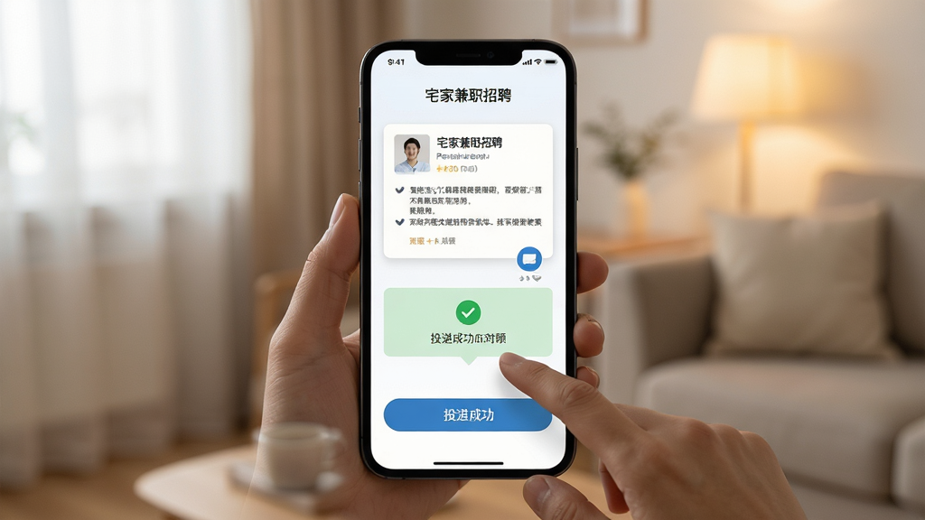 一张展示宅家兼职招聘平台简历投递功能的图片,主体为手机屏幕与一只手正在点击投递按钮,布局为居中构图,风格为写实生活场景,细节包含简历卡片、投递成功提示与消息气泡,画质高清,画面干净,背景为柔和室内光线
