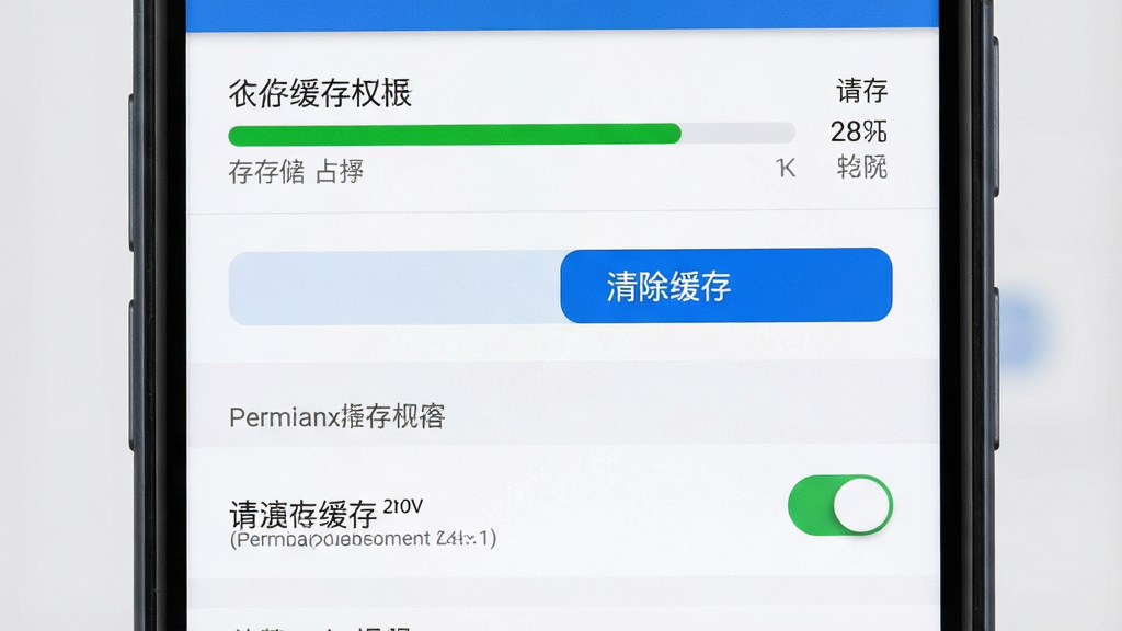一张展示手机清理缓存与权限设置界面的图片,主体为手机屏幕内显示应用管理页面,布局为纵向列表,风格为系统设置原生风格,细节包含存储占用条、清除缓存按钮与权限开关,画质高清,画面干净,背景为浅灰色