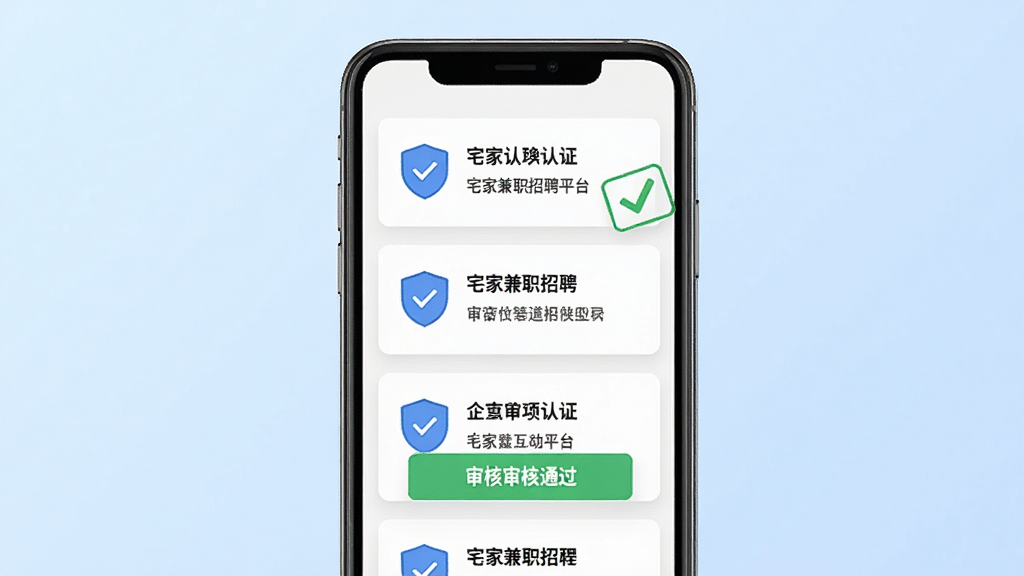 一张展示宅家兼职招聘平台企业审核流程的图片,主体为手机屏幕内显示认证徽章与审核通过标签,布局为纵向卡片列表,风格为商务简洁风,细节包含盾牌图标、绿色勾选标记与文字说明,画质清晰,画面干净,背景为浅蓝色渐变