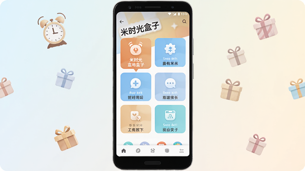 一张展示有米时光盒子应用主界面的预览图,画面中央放置一部安卓手机,手机屏幕上显示有米时光盒子的主页面,界面包含多个功能入口图标和底部导航栏,背景为浅色渐变,周围点缀一些时钟和礼物盒的小图标,整体风格清新简洁,画质清晰干净,无多余元素