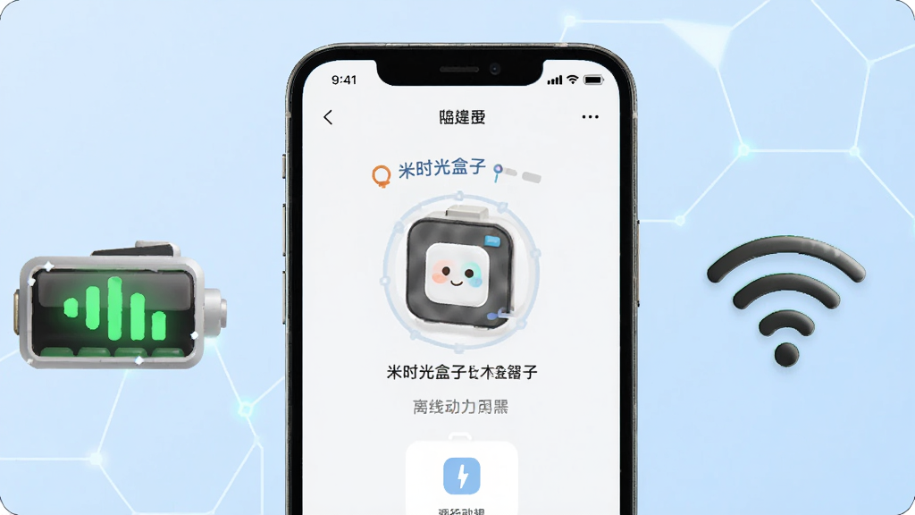 一张手机电池和信号图标的概念图,画面中一部手机显示有米时光盒子的运行状态页面,旁边有电池图标和WiFi图标,背景为淡蓝色科技感渐变,画面简洁干净,突出低功耗和离线可用的特点