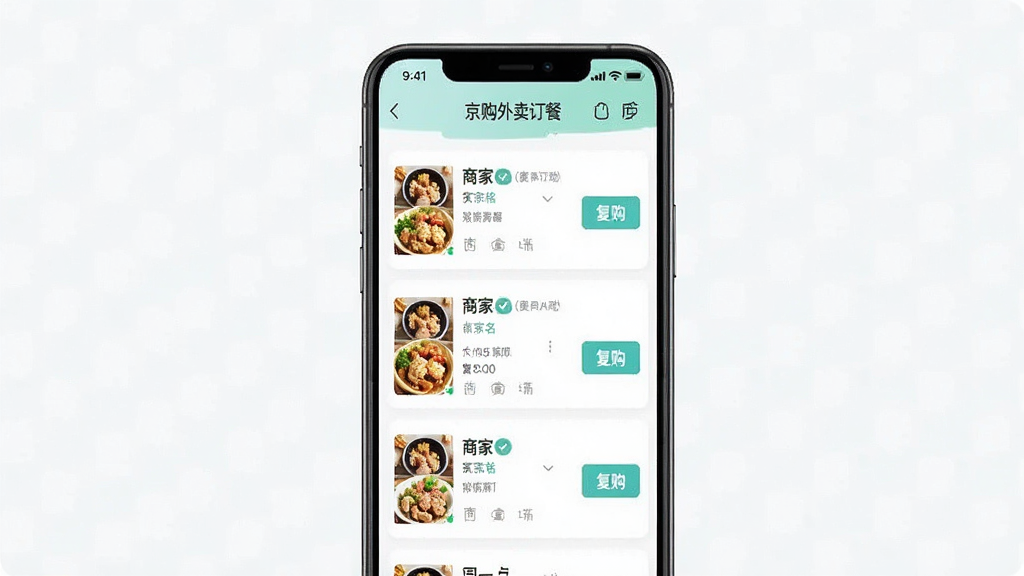 一张展示“京购外卖订餐”历史订单与复购功能的图片,画面中手机屏幕显示订单记录列表,每条记录包含商家名称、菜品和复购按钮,布局规整,风格清新,细节到位,画质清晰,干净,无多余元素