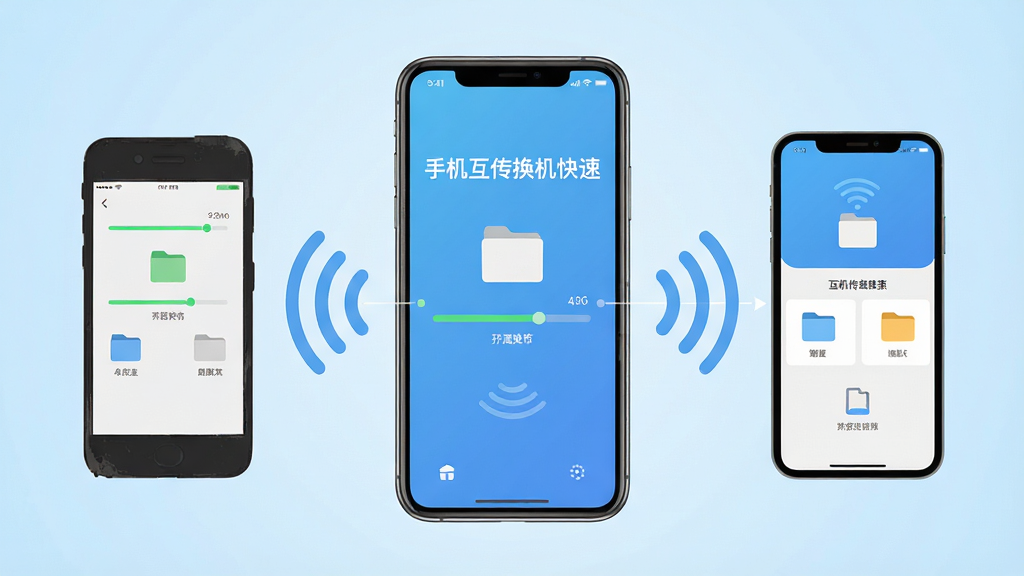 画面中央放置一部智能手机,屏幕亮起显示“手机互传换机快速”应用主界面,左右两侧各有一部旧手机和新手机通过无线信号波连接,背景为干净的浅蓝色渐变,布局采用居中对称式构图,风格为扁平化科技插画,细节包括手机屏幕上的传输进度条、文件图标、信号波纹,画质高清,干净,无多余元素