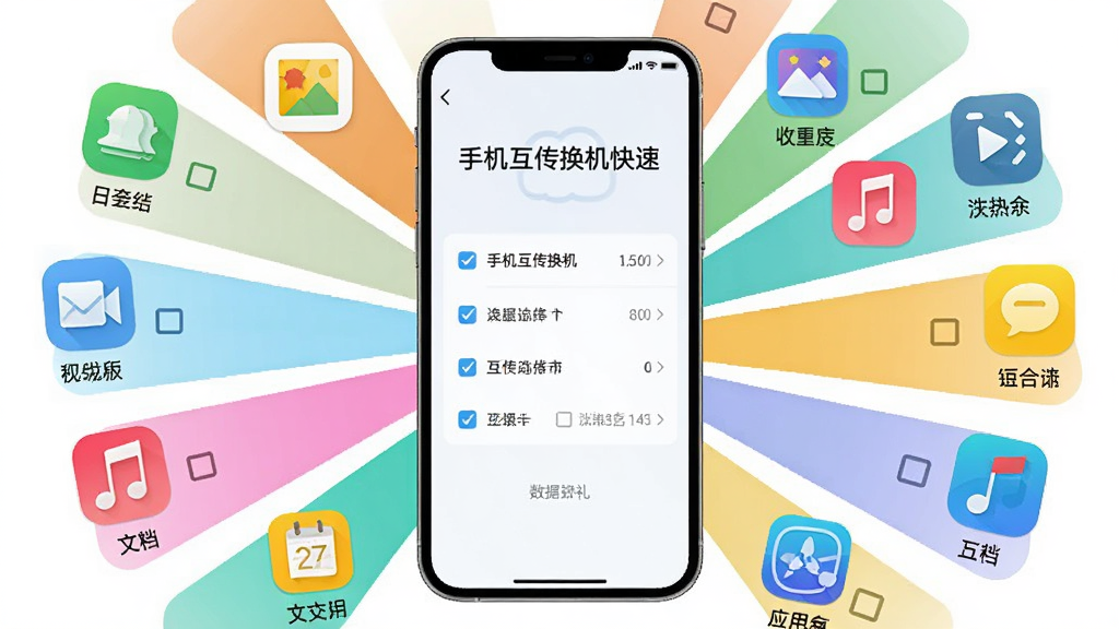 画面中央是一部手机屏幕显示“手机互传换机快速”的数据选择界面,周围环绕着通讯录、照片、视频、短信、音乐、文档、日历、应用等彩色图标,布局为放射状排列,风格为清新扁平化设计,细节包括每个图标旁的选择框和文件数量标注,画质高清,干净,无多余元素
