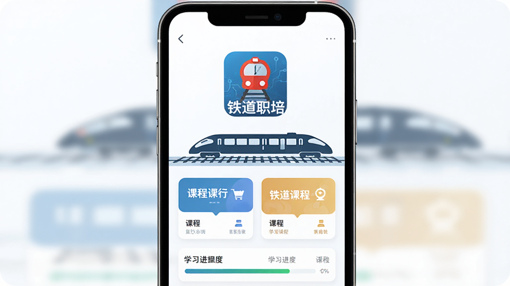主体为一部智能手机展示“铁道职培”APP主界面,布局为竖屏居中,排版上方为软件名称“铁道职培”与铁路元素图标,风格为扁平化科技教育风,细节包含铁轨、列车剪影、课程卡片与学习进度条,画质高清,干净,无多余元素