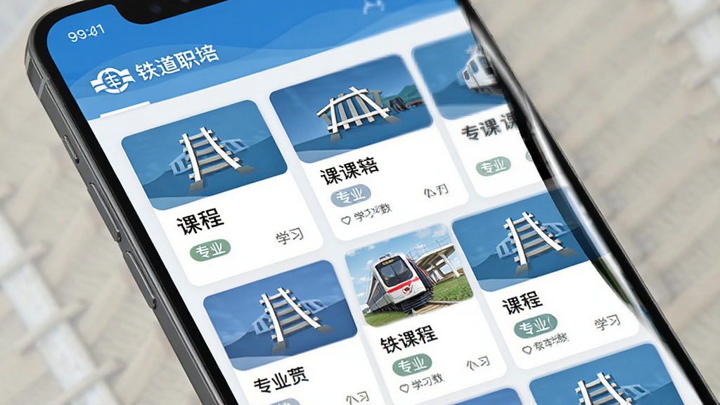 主体为“铁道职培”课程分类页面展示,布局为手机屏幕内多个课程卡片整齐排列,排版采用网格布局,风格为清爽教育类UI,细节包含铁轨图标、课程封面、专业标签与学习人数,画质高清,干净,无多余元素