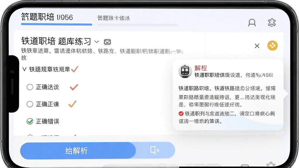 主体为“铁道职培”题库练习界面,布局为手机屏幕显示一道选择题与四个选项,排版上方为题目进度,下方为答题卡与解析按钮,风格为简洁答题类UI,细节包含铁路规章文字、正确错误标记与解析弹窗,画质高清,干净,无多余元素
