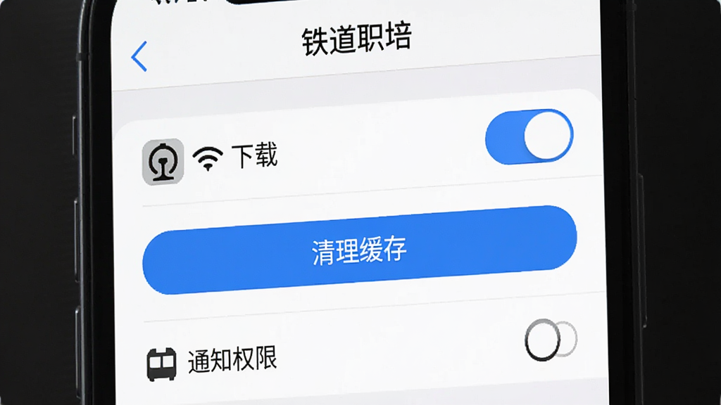 主体为手机屏幕显示“铁道职培”设置页面,布局为竖屏列表,排版包含WiFi下载开关、清理缓存按钮、通知权限选项,风格为简洁设置类UI,细节包含铁路图标与蓝色高亮开关,画质高清,干净,无多余元素