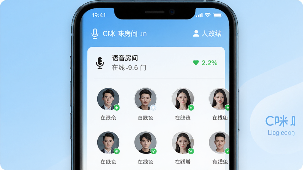 C咪手机应用主界面展示,画面中央放置一部智能手机,屏幕显示语音房间列表与用户头像排列整齐,背景为浅蓝色渐变,布局简洁清晰,风格现代科技感,细节包含麦克风图标和在线人数标识,画质高清,干净,无多余元素
