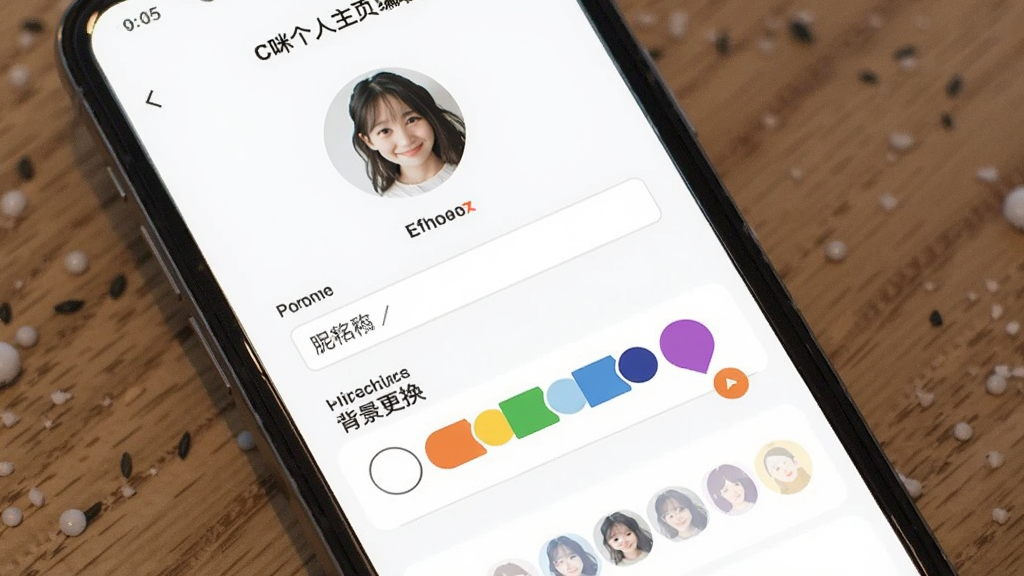 C咪个人主页编辑界面,画面展示手机屏幕内头像选择、昵称输入框和背景更换选项,布局从上到下排列整齐,风格清新简约,细节包含多种头像模板和颜色选择器,画质高清,干净,无多余元素