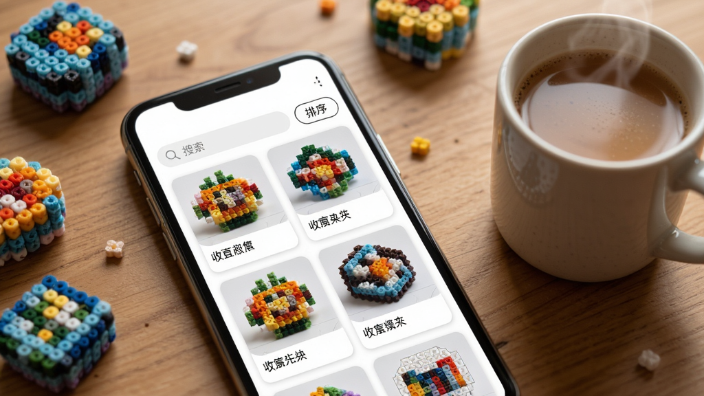 拼豆派收藏管理功能界面图,手机屏幕显示收藏夹页面,列表中排列着多个拼豆图纸卡片,每张卡片有缩略图和名称,页面顶部有搜索框和排序按钮,手机放在一张带有拼豆成品的桌面上,旁边有一杯热饮,整体氛围轻松舒适,细节丰富,画质干净,无多余元素