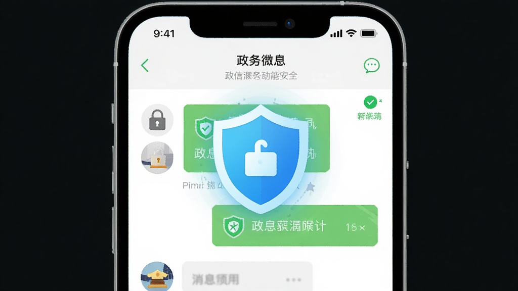 政务微信安全通讯功能展示图,主体为一部手机屏幕特写,屏幕中显示政务微信聊天界面并带有一个发光的盾牌图标,布局为居中构图,排版简洁,风格为科技感扁平插画风,细节包括加密锁图标、消息气泡和绿色安全标识,画质高清、干净、无多余元素