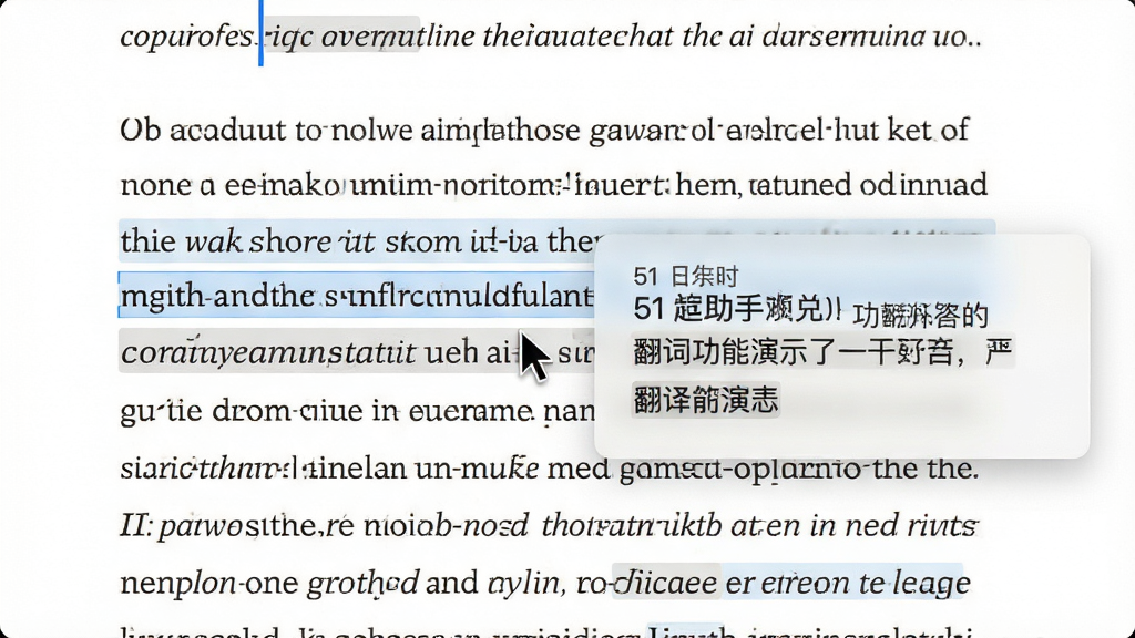 51翻译助手划词翻译功能演示,画面展示一篇英文文档,鼠标选中一段文字后弹出半透明译文浮窗,浮窗内显示中文翻译结果,界面风格清爽淡雅,布局为文档主体加浮窗叠加,细节包含鼠标指针与高亮选区,画质高清,干净,无多余元素