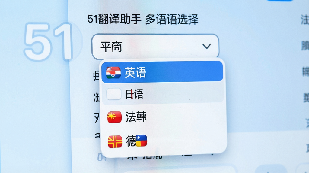 51翻译助手多语种选择界面特写,画面中央为语言下拉菜单展开状态,列出中文英语日语韩语法语德语等选项,背景为浅蓝色渐变,界面布局简洁,字体圆润清晰,风格现代商务,细节包含选中高亮状态与国旗小图标,画质高清,干净,无多余元素