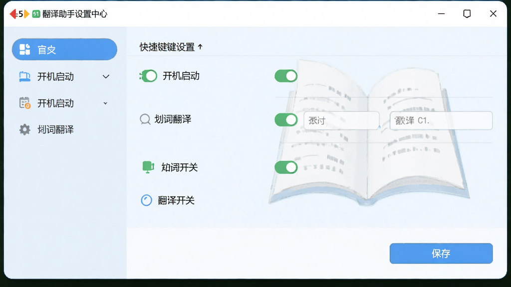 51翻译助手设置中心界面,画面展示快捷键设置、开机启动、划词翻译开关等选项,布局为左侧导航栏与右侧设置面板,风格清新浅色,细节包含开关按钮、输入框与保存按钮,画质高清,干净,无多余元素