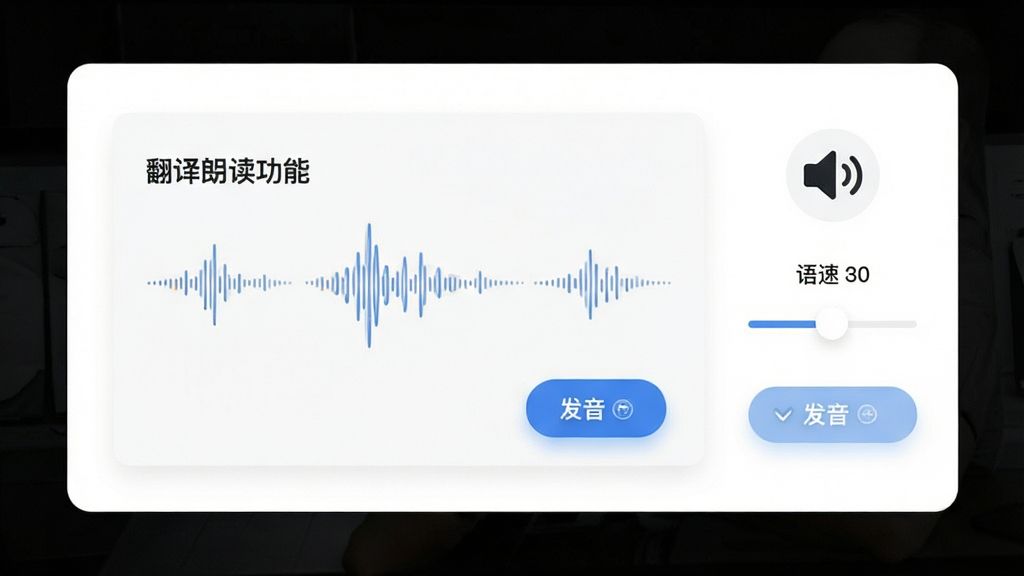 51翻译助手文本朗读功能界面,画面中央为翻译结果区域,右侧有喇叭图标与语速调节滑块,背景为白色卡片式布局,风格简约清新,细节包含声波动画示意与发音按钮高亮,画质高清,干净,无多余元素