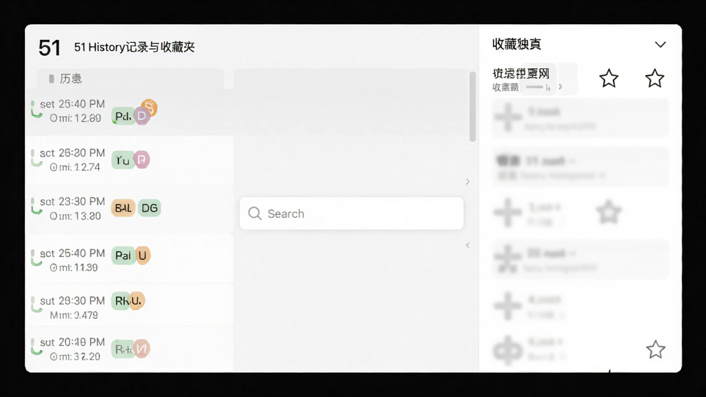 51翻译助手历史记录与收藏夹界面,画面左侧为历史记录列表,右侧为收藏夹面板,中间有搜索框,整体采用浅灰与白色搭配,风格素雅极简,细节包含时间戳、语言标签与星标图标,画质高清,干净,无多余元素