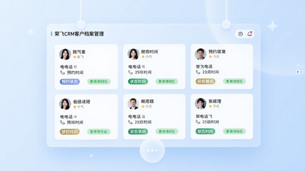 �ٷɿͻ�ԤԼ������CRM�ͻ������������棬����չʾһ�����������ֻ���Ϣ��壬����������Ŷ��ſͻ���Ϣ��Ƭ��ÿ�ſ�Ƭ�����������绰ͼ�ꡢԤԼʱ�䡢״̬��ǩ��Ԫ�أ�����Ϊ����ɫ���䣬����ִ���࣬��������������ɾ����޶���Ԫ��